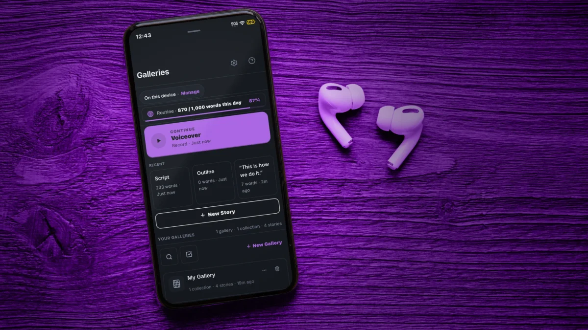 RecLet on an iPhone beside earbuds