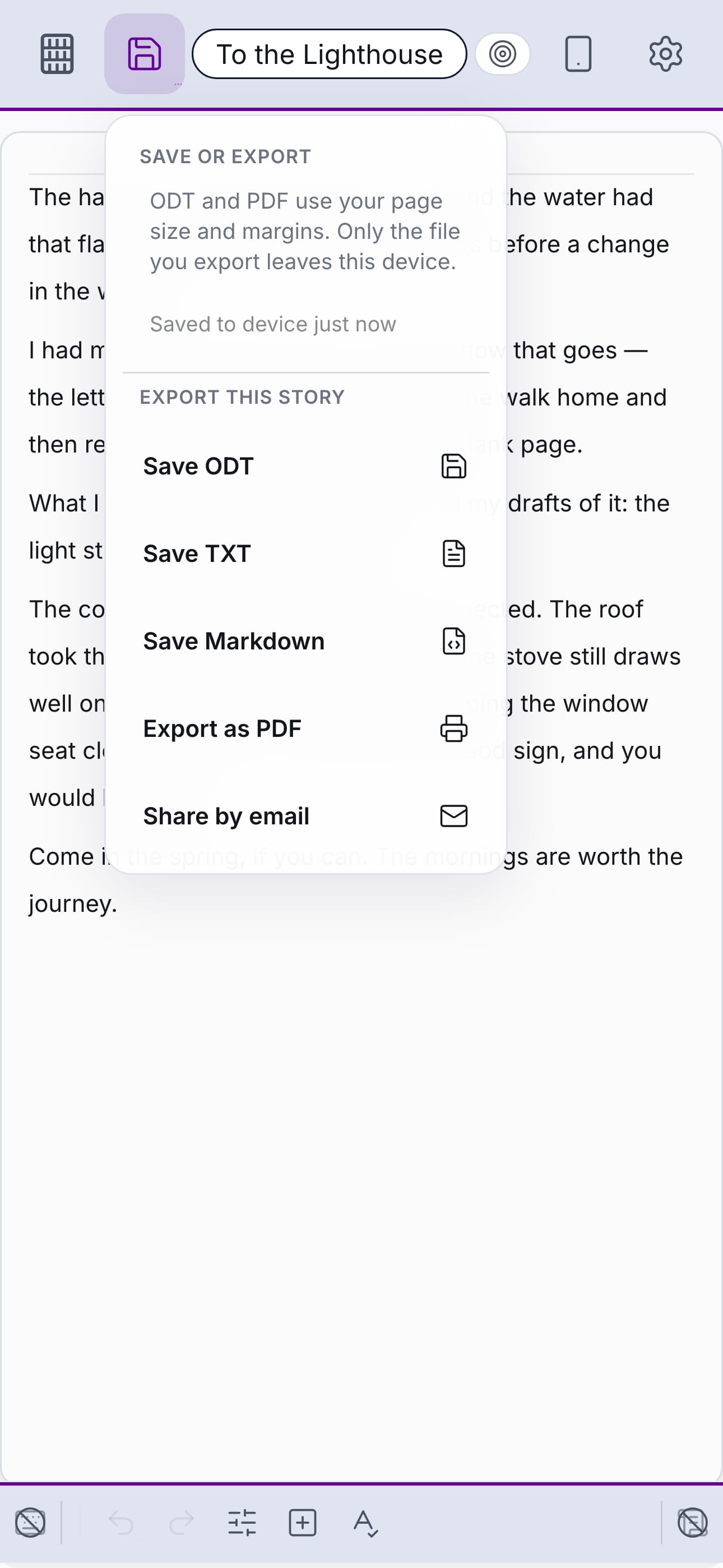 Export to formats you keep · ODT, PDF, EPUB, Markdown, audio