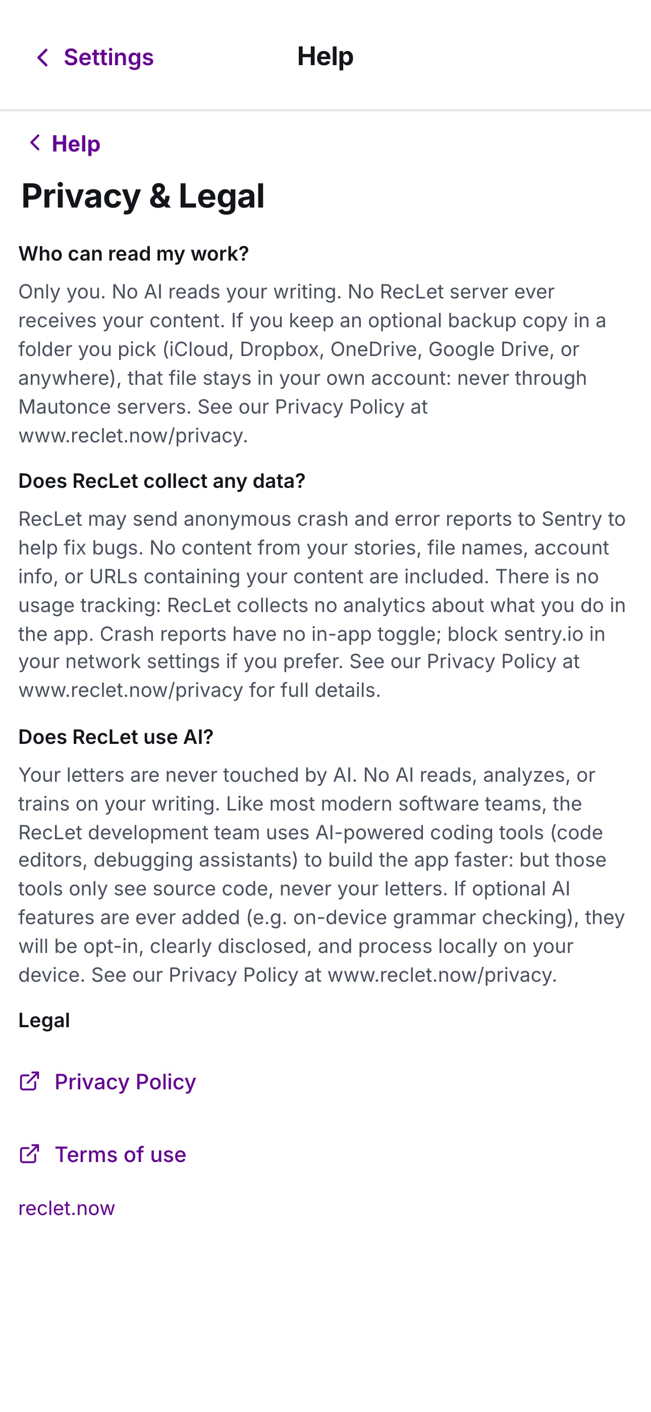 The AI policy, stated in the product · copy and policy