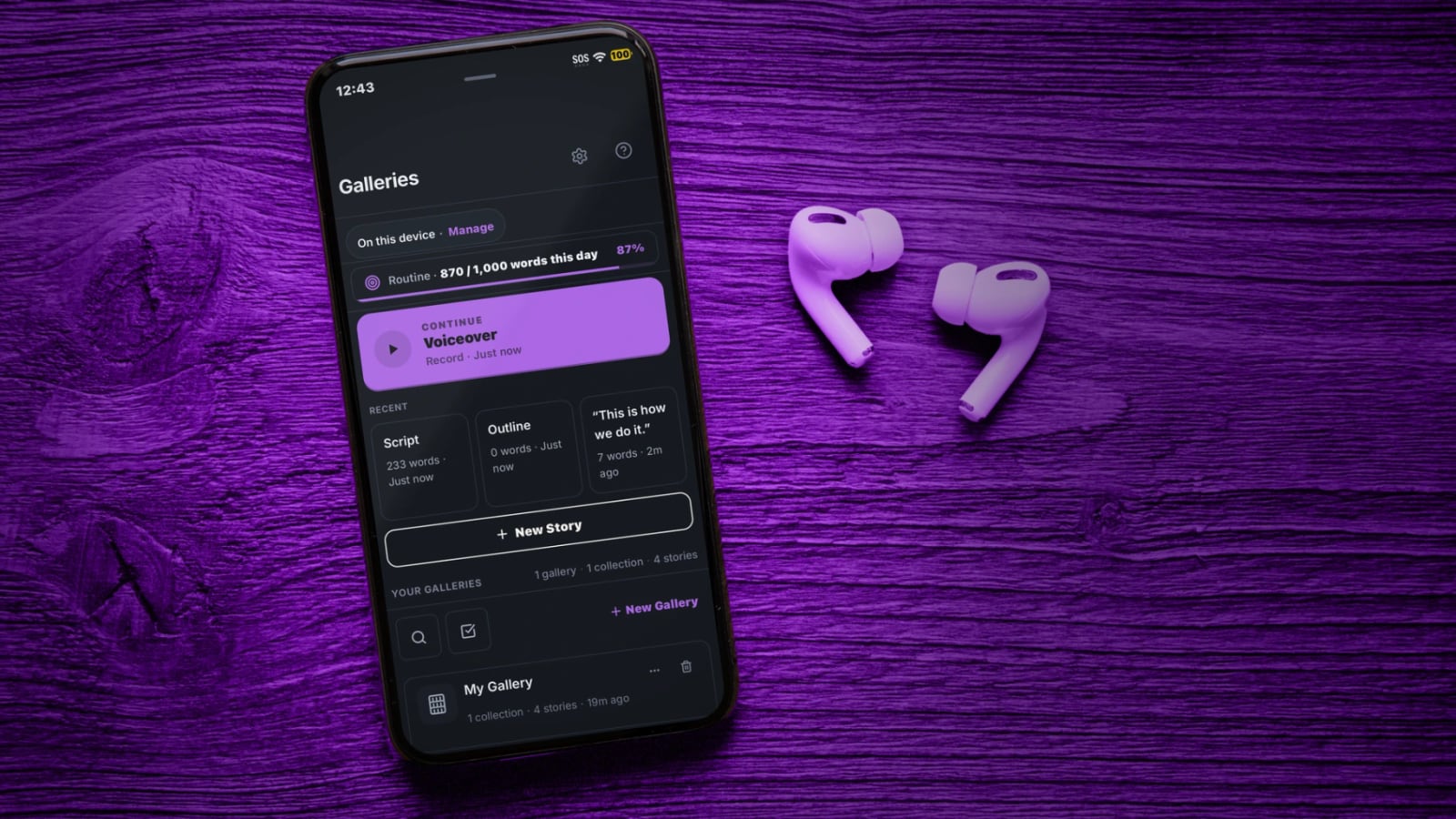 RecLet open on an iPhone beside a pair of earbuds