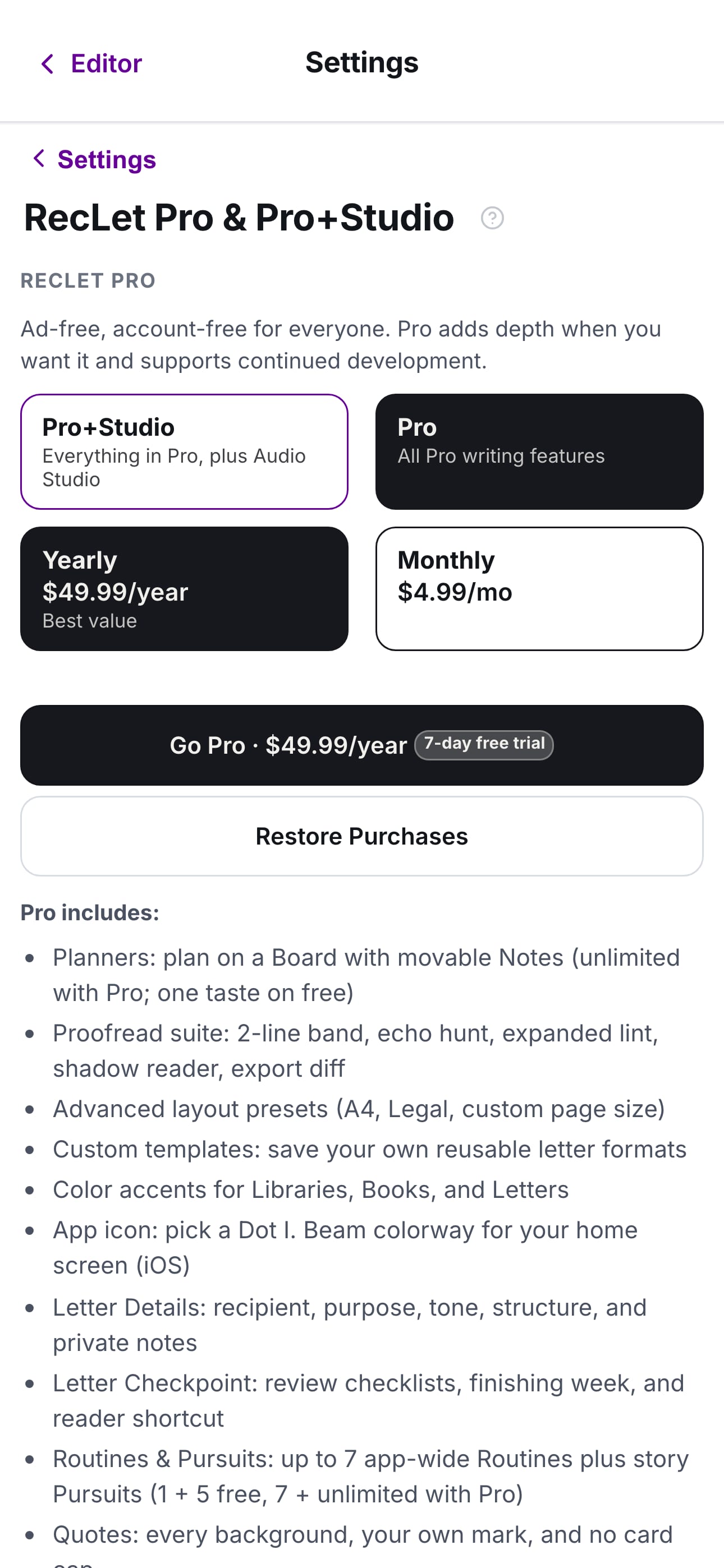 Pro and Studio tiers · pricing and billing copy
